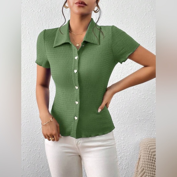 Green Fitted Ribbed Button Down Shirt - Picture 5 of 9
